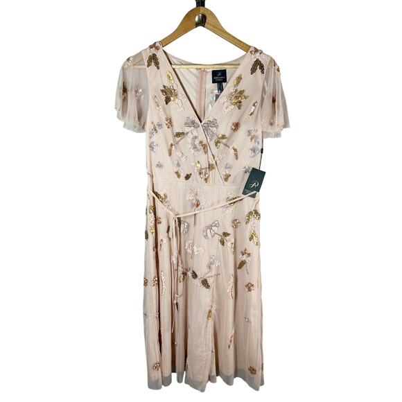 Adrianna Papell Beaded Flutter-Sleeve Tie-Waist Midi Dress Size US 8 - Picture 1 of 12